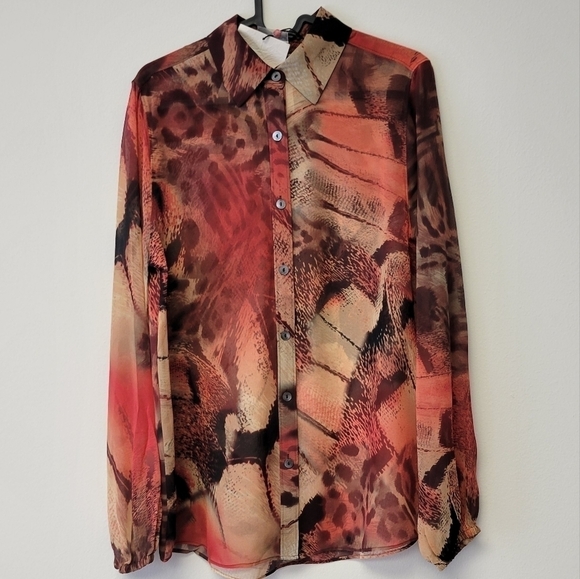 Da-Nang Silk Animal Print Blouse Orange S - Picture 3 of 9